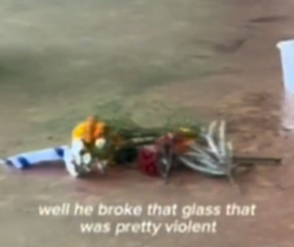 Broken glass left on the floor after a protestor smashed an object