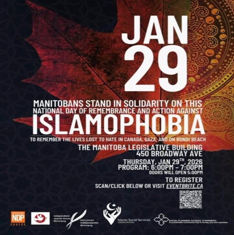 A promotional image for a Winnipeg vigil on January 29 at the Manitoba Legislative Building