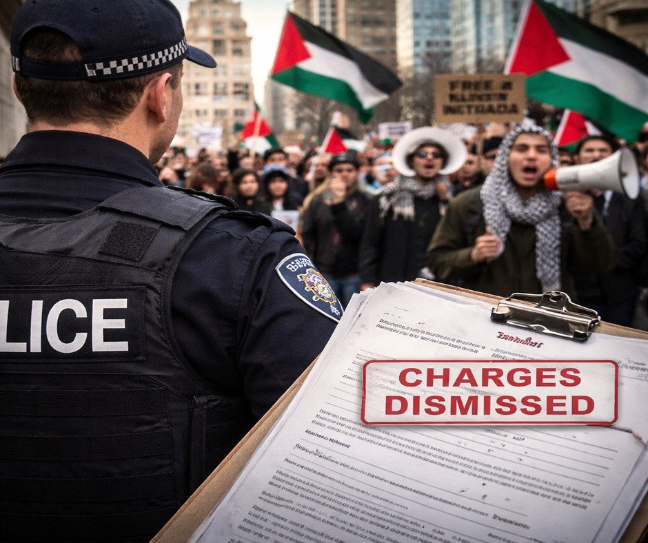 Toronto police officers monitor an anti Israel protest