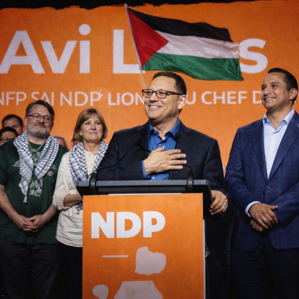 NDP leader Avi Lewis stands at the podium