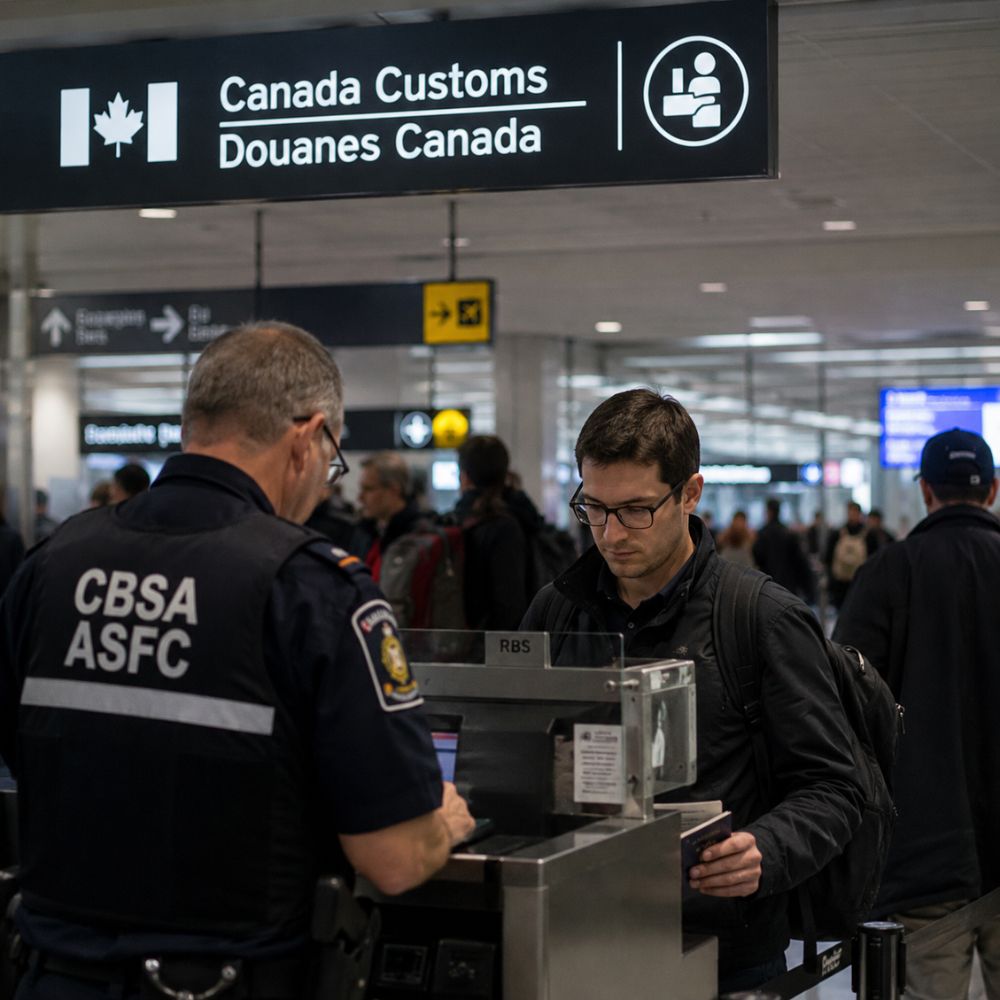 A Canada Border Services Agency officer screens a traveller