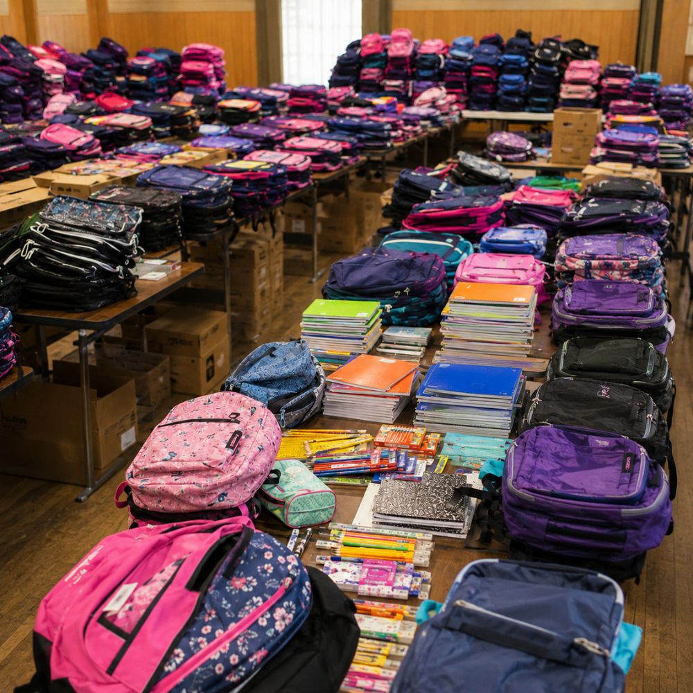 Backpacks and grade appropriate school supplies are prepared for Na’amat Canada Calgary’s School Supplies for Kids program