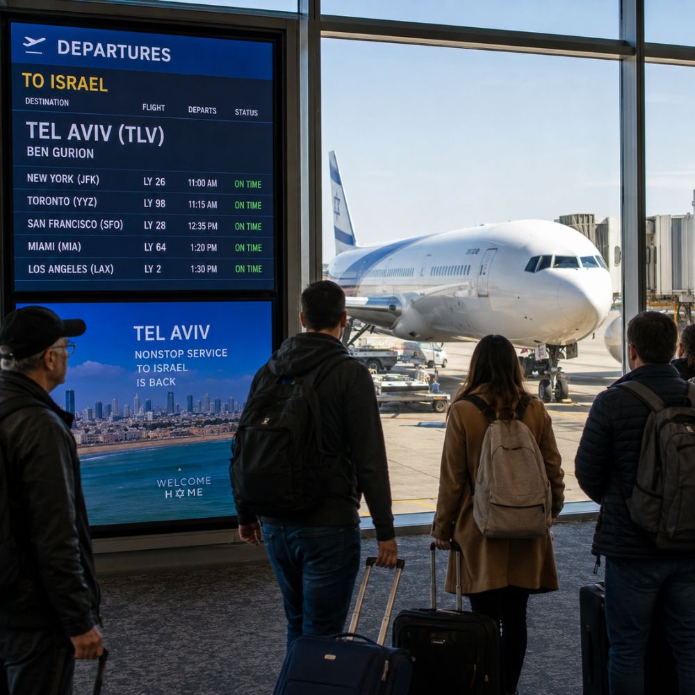 Travelers at a North American airport prepare for flights to Tel Aviv