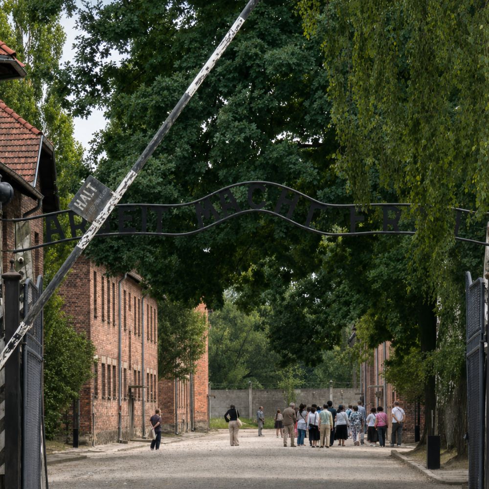 Visitors walk through the entrance to the Auschwitz I concentration camp in Oświęcim, Poland.